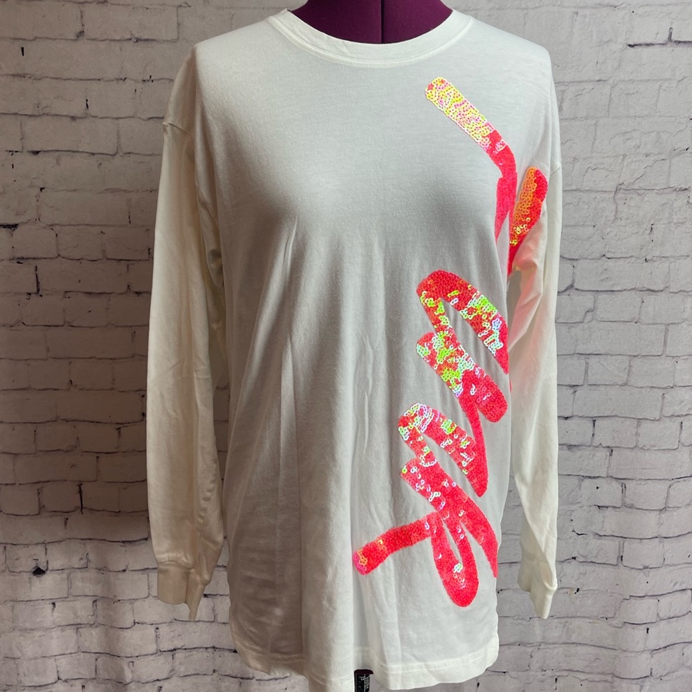 Pink by Victorias Secret size XS long sleeve tee white with neon pink bling